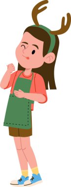 Önlüklü ve boynuzlu bir kız çizgi film tarzında göz kırpıyor. Karakter gündelik kıyafetler giyer ve neşeli bir poz verir. Çizgi film vektör illüstrasyonu.