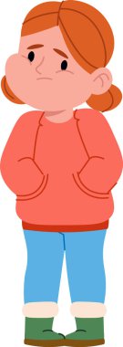 Endişeli bir yüzü olan genç bir kız elleri ceplerinde çizgi film tarzında duruyor. Resimde endişeli ve düşünceli görünen bir çocuk tasvir ediliyor. Çizgi film vektör illüstrasyonu.