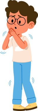 Gözlüklü bir çocuk, karikatür tarzında günlük kıyafetler giyiyor. Genç bir erkek soğuktan titriyor, abartılı yüz hatlarıyla tasvir ediliyor. Çizgi film vektör illüstrasyonu.