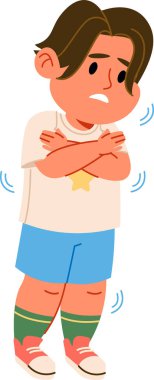 Çizgi film tarzında titreyen, sıradan kıyafetler giyen çapraz kollu bir çocuk. Soğuktan titreyen bir çocuk endişeli bir ifadeyle oyuncu bir sanat tarzında. Çizgi film vektör illüstrasyonu.