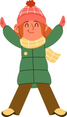 Kışlık ceketli ve şapkalı gülümseyen bir çocuk, kolları heyecanla kalkık, çizgi film tarzında çizilmiş. Çocuk rahat bir eşarp takıyor ve mutlu olduğunu ifade eden çizmeler giyiyor. Çizgi film vektör illüstrasyonu.