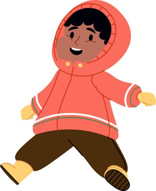 Kapüşonlu kışlık ceketli ve botlu bir çocuk mutlu bir şekilde yürüyor. Çocuk eldiven ve rahat bir ceket giyiyor, neşeyle gülümsüyor. Çizgi film vektör illüstrasyonu.