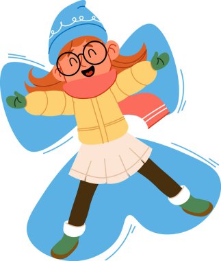 Kışlık elbiseli kız çizgi film tarzında neşeli bir ifadeyle kar meleği yapıyor. Küçük bir çocuk kolları ve bacakları geniş, neşeli bir şekilde kar kalıpları yaratıyor. Çizgi film vektör illüstrasyonu.