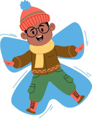 Kışın giyinmiş bir çocuk çizgi film tarzında bir kar meleği yapıyor. Resimde, karın keyfini çıkaran bir çocuğun olduğu neşeli bir sahne tasvir ediliyor. Çizgi film vektör illüstrasyonu.