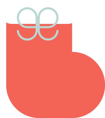 Geometrik bir Noel çorabı ve düz bir fiyonk. Resimde basit bir şekil ve düz çizgiler yer alıyor. Çizgi film vektör illüstrasyonu.