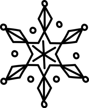 Karmaşık çizgiler ve yuvarlak aksanlı kalın hatlı bir geometrik kar tanesi. Tasarım, dengeli bir desen oluşturan simetrik şekiller ve noktalar içeriyor. Çizgi film vektör illüstrasyonu.
