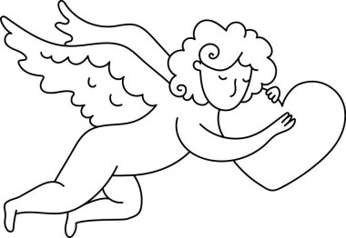 Kanatlı bir melek büyük bir kalbi basit bir çizim tarzında tutar. Melek gibi bir figür zarif bir şekilde uçarken kalp şeklini tutar. Çizgi film vektör illüstrasyonu.