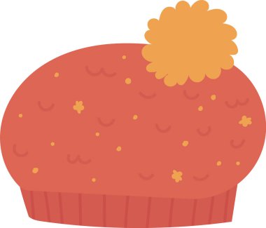 Çizgi film tarzında yumuşak ponpon şapkalı, sıcak örülmüş bir şapka. Bere desenli ve yumuşak bir görünüme sahip. Çizgi film vektör illüstrasyonu.