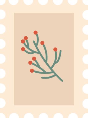 Böğürtlenli bir botanik dalı. Posta pulunda düz, grafik şeklinde çizilmiş. Görüntü, yuvarlak meyvelerle süslenmiş bir dalı gösteriyor. Temiz ve modern bir estetik. Çizgi film vektör illüstrasyonu.
