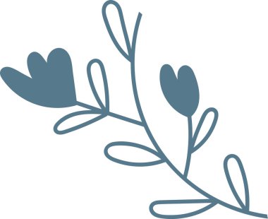 Kalp şeklinde çiçekli dallar ve temiz bir çizgide uzatılmış yapraklar. Çizimde kavisli sapları ve minimalist ayrıntıları olan bir botanik motifi tasvir ediliyor. Çizgi film vektör illüstrasyonu.