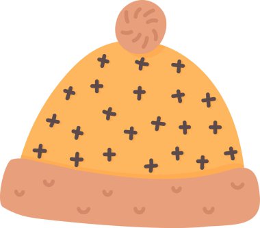 Konforlu bir kış şapkası, ponponlu ve çizgi film tarzında çapraz desenli. Resimde dekoratif dikişlerle süslenmiş sıcak bir bere tasvir ediliyor. Çizgi film vektör illüstrasyonu.