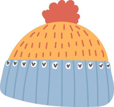 Çizgi film tarzında, ponpon şapkalı rahat bir şapka. Bere desenli bir desen ve oyuncu bir tasarım içeriyor. Çizgi film vektör illüstrasyonu.