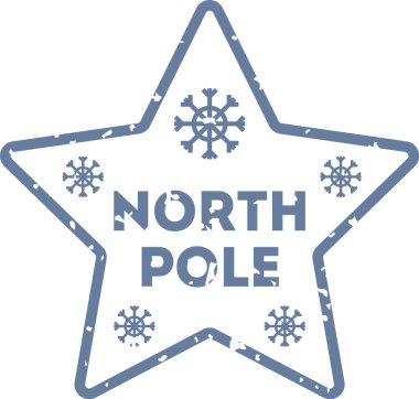 Yıldız şeklinde bir amblem. Kar taneleri ve Kuzey Kutbu metinleri var. Tasarım, kış temalı elementlerle kırsal bir görünüme sahip. Çizgi film vektör illüstrasyonu.