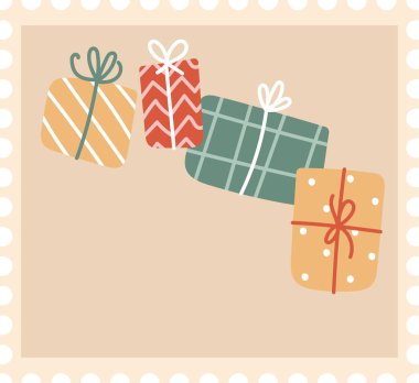 Çeşitli desenli hediye kutuları ve posta pulu şeklinde fiyonklar. Pul arka planında farklı dizaynlara ve kurdelelere sarılmış hediyeler. Çizgi film vektör illüstrasyonu.