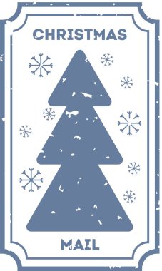 Klasik bir planda stilize edilmiş Noel ağacı ve kar taneleri olan klasik bir posta pulu. Posta pulundaki kış elementleriyle çevrili eski moda bir ağaç tasarımı. Çizgi film vektör illüstrasyonu.