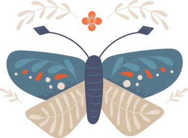 İskandinav çiçek desenli ve dekoratif yapraklı bir kelebek. Görüntü, İskandinav kaynaklı çiçek motifleriyle süslenmiş bir kelebeği tasvir ediyor. Çizgi film vektör illüstrasyonu.