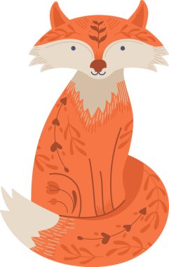 İskandinav halk desenleriyle süslenmiş bir tilki zarif bir sanat tarzında oturmaktadır. Hayvan geleneksel motifler ve vücudunda karmaşık detaylarla süslenmiştir. Çizgi film vektör illüstrasyonu.