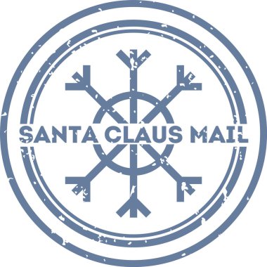 Kar taneli bir posta pulu ve Noel Baba postası. Kırsal bir şekilde yazılmış. Dairesel tasarım sıkıntılı bir dokuya ve kalın harflere sahiptir. Çizgi film vektör illüstrasyonu.