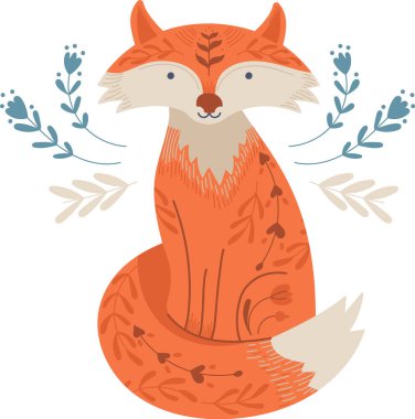 Dekoratif tarzda İskandinav çiçekleriyle süslenmiş bir tilki. Hayvan, botanik motifler ve stil sahibi bir görünüşle süslenir. Çizgi film vektör illüstrasyonu.