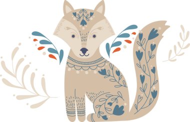 Karmaşık çiçek desenleriyle süslenmiş dekoratif bir tilki. Hayvan, vücudunda süslemeli tasarımlar ve stilize yapraklar barındırır. Çizgi film vektör illüstrasyonu.