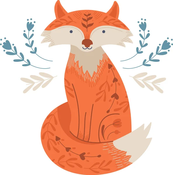 Dekoratif tarzda İskandinav çiçekleriyle süslenmiş bir tilki. Hayvan, botanik motifler ve stil sahibi bir görünüşle süslenir. Çizgi film vektör illüstrasyonu.