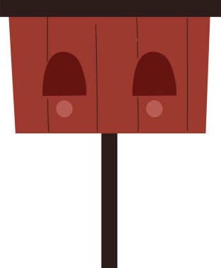 Düz bir direğin üzerinde iki kemerli girişi olan ahşap bir kuş evi. Yapıda basit geometrik şekiller ve en az detay var. Çizgi film vektör illüstrasyonu.