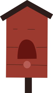 Düz bir tarzda çizilmiş, üçgen çatılı ve dairesel girişi olan geometrik bir kuş evi. Yapı basit bir direğe, temiz çizgilerle monte edilmiş. Çizgi film vektör illüstrasyonu.
