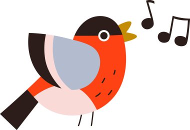 Canlı bir kuş geometrik bir sanat tarzında notalarla şarkı söyler. Renkli bir kuş figürü soyut şekillerle melodiyle cıvıldar. Çizgi film vektör illüstrasyonu.