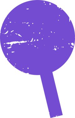 Kalın bir vektör stiline sahip grunge desenli bir lolipop silueti. Tasarım, basit bir şekerin kaba ve sıkıntılı bir kalıbını içeriyor. Çizgi film vektör illüstrasyonu.