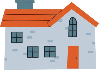 Basit bir çizim tarzında çatısı ve bacası olan antika bir ev. Binanın dikdörtgen pencereleri ve ön kapısı var. Çizgi film vektör illüstrasyonu.