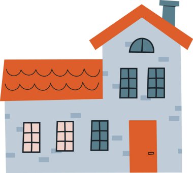 Bacası, kemerli penceresi ve düz bir çatı döşemesi olan antika bir ev. Binanın birden fazla penceresi ve basit bir geometrik tasarımı var. Çizgi film vektör illüstrasyonu.