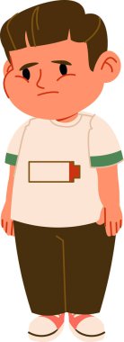 Çizgi filmdeki bir çocuk yorgun bir ifadeyle, düşük pil ikonlu bir gömlek giyerek ayakta duruyor. Çocuk yorgun ve ilgisiz görünüyor, oyuncu bir sanat tarzıyla resmedilmiş. Çizgi film vektör illüstrasyonu.