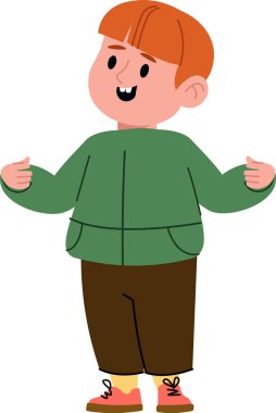 Kısa saçlı, ceketli ve pantolonlu düz bir çocuk. Neşeli bir yüzü olan, spor ayakkabılarla günlük giyinmiş bir çocuk. Çizgi film vektör illüstrasyonu.