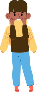 Büyük bir eşarp ve çizgi film tarzında gülümseyen bir ifadeyle rahat bir kış kıyafeti giyen bir çocuk. Neşeli bir yüzü ve parlak giysileri olan sıcak bir genç. Çizgi film vektör illüstrasyonu.