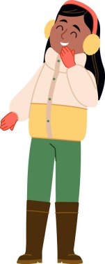 Kışın kulaklık ve eldivenli, gülen bir kız. Karakter sıcak bir ceket ve çizme giyiyor, neşe ifade ediyor. Çizgi film vektör illüstrasyonu.