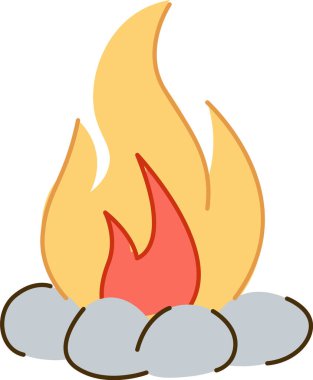 Alevler ve taşlarla çevrili basit ve cesur bir kamp ateşi. Resimde, kayalarla çizilmiş temiz ve düz bir şekilde bir ateş tasvir ediliyor. Çizgi film vektör illüstrasyonu.