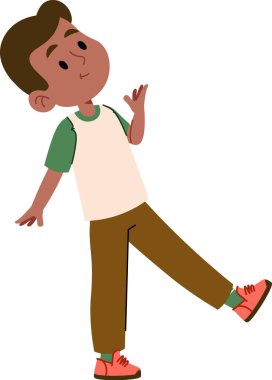 Kısa saçlı bir çocuk tek eliyle düz bir şekilde çizilmiş sıradan bir pozla ayakta duruyor. Çocuk rahat ve neşeli görünen bir tişört ve pantolon giyiyor. Çizgi film vektör illüstrasyonu.