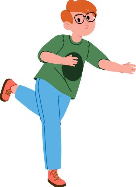 Gözlüklü ve kızıl saçlı genç bir adam dinamik bir pozda bowling oynuyor, günlük kıyafetler giyiyor. Karakter, bovling topu sürümüne odaklanmış bir şekilde hareketin ortasında tasvir edilir. Çizgi film vektör illüstrasyonu.