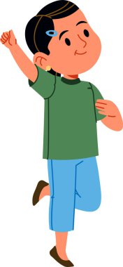 Kısa saçlı gülümseyen bir çocuk, temiz bir çizgi film tarzında çizilmiş bir kutlama jesti olarak bir kolunu kaldırır. Çocuk günlük giysiler giyiyor ve hareket halinde gibi görünüyor. Çizgi film vektör illüstrasyonu.