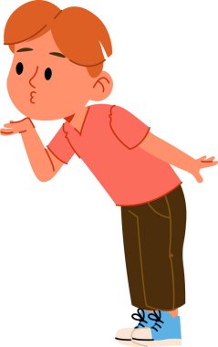 Sıradan giyinmiş genç bir çocuk çizgi film tarzında bir öpücük üfleyerek öne eğiliyor. Kısa saçlı ve etkileyici yüz hareketleri olan bir çocuk. Çizgi film vektör illüstrasyonu.