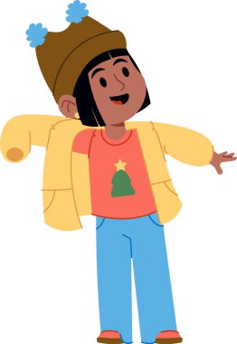 Düz bir şekilde kışlık şapka ve ceket giyen bir çocuk. Şen şakrak bir gömlek ve neşeli bir ifadeyle sıcacık giyinmiş bir genç. Çizgi film vektör illüstrasyonu.