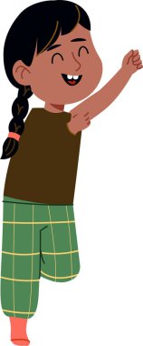 Saçları örgülü ve kareli pantolonu olan gülümseyen çocuk heyecanla kolunu kaldırıyor, çizgi film tarzında çiziyor. Çocuk geniş bir sırıtış ve neşeli bir pozla mutluluğu ifade eder. Çizgi film vektör illüstrasyonu.