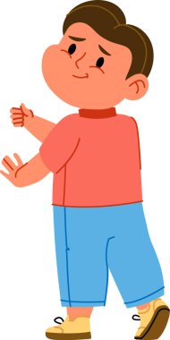 Neşeli bir yüzü olan genç bir çocuk çizgi film tarzında onay veriyor. Çocuk gündelik giysiler giyiyor ve bir gülümsemeyle omzunun üzerinden bakıyor. Çizgi film vektör illüstrasyonu.