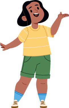 Kısa saçlı, çizgili gömlek ve şort giyen düz bir şekilde çizilmiş bir çocuk. Genç kişi bir eli havada mutlu bir şekilde hareket eder. Çizgi film vektör illüstrasyonu.