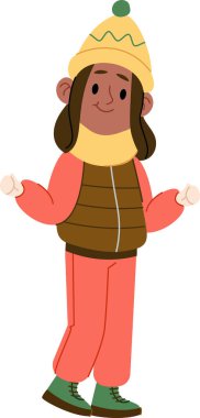 Düz bir şapkası ve atkısı olan kışlık giysili bir insan. Karakter kabarık bir ceket ve botlar giyiyor, sıcaklığı ve samimiyeti var. Çizgi film vektör illüstrasyonu.