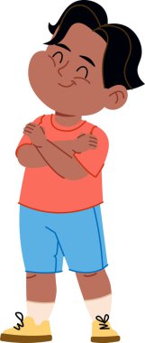 Gülümseyen bir çocuk kollarını kavuşturmuş, cesur bir çizgi film tarzıyla çizilmiş. Çocuk neşeli bir pozda güven ve neşe saçıyor. Çizgi film vektör illüstrasyonu.