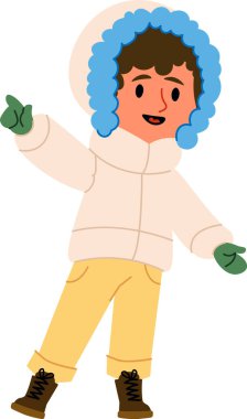 Kabarık ceketli, kapüşonlu ve eldivenli bir çocuk oyuncu pozunda. Genç figür kalın giyinmiş, çizmeleri ve rahat giysileri var. Çizgi film vektör illüstrasyonu.