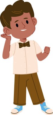 Çizgi film tarzında papyon takan ve pantolon giyen gülümseyen bir çocuk. Çocuk, dostça bir jest ve parlak bir ifadeyle canlandırılıyor. Çizgi film vektör illüstrasyonu.