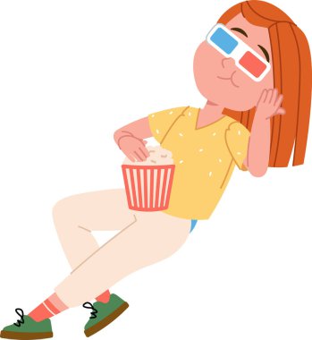 Uzun saçlı bir kız patlamış mısırın tadını çıkarırken ve çizgi film tarzı gözlük takarken rahatlıyor. O, çizgili bir patlamış mısır kovası tutarak rahatça yaslanıyor. Çizgi film vektör illüstrasyonu.