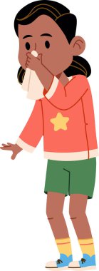 Burnu akan genç bir kız çizgi film tarzında mendil tutuyor. Çocuk iyi görünmüyor. Grip belirtilerini şakacı bir sanat formunda gösteriyor. Çizgi film vektör illüstrasyonu.